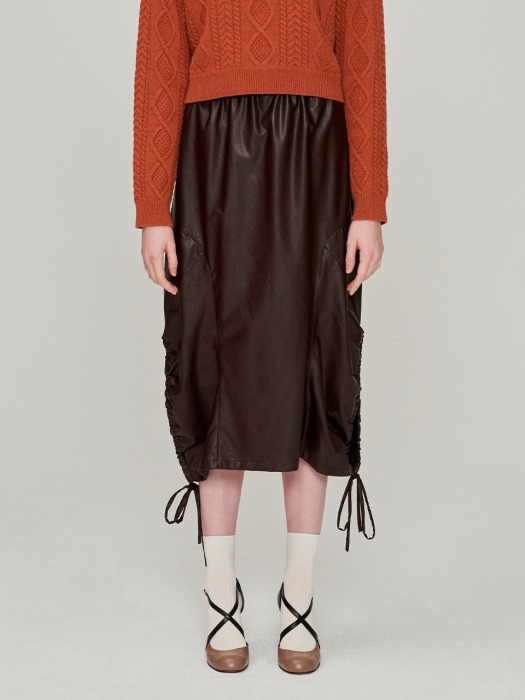 Eco-leather Shirring Skirt_Brown