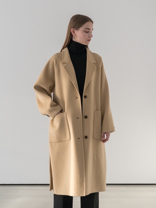 Premium handmade pure wool stitched belt coat in yellowish beige