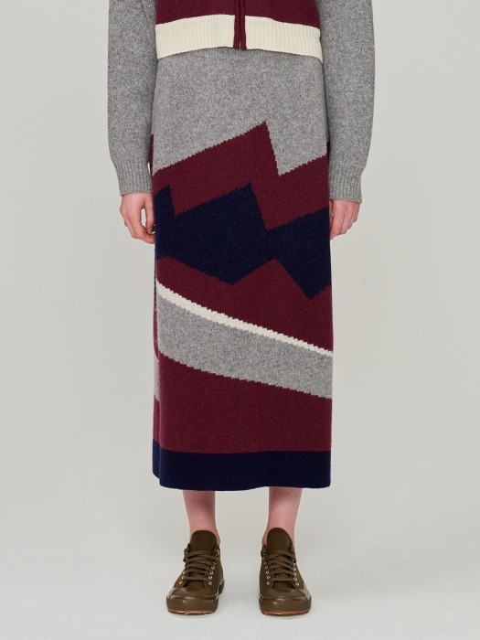 Mountain Pattern Wool Skirt_Burgundy