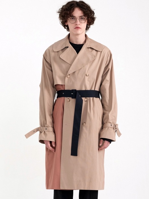 PREMIUM COLOR BLOCKING MILITARY TRENCH [OVER FIT] BEIGE