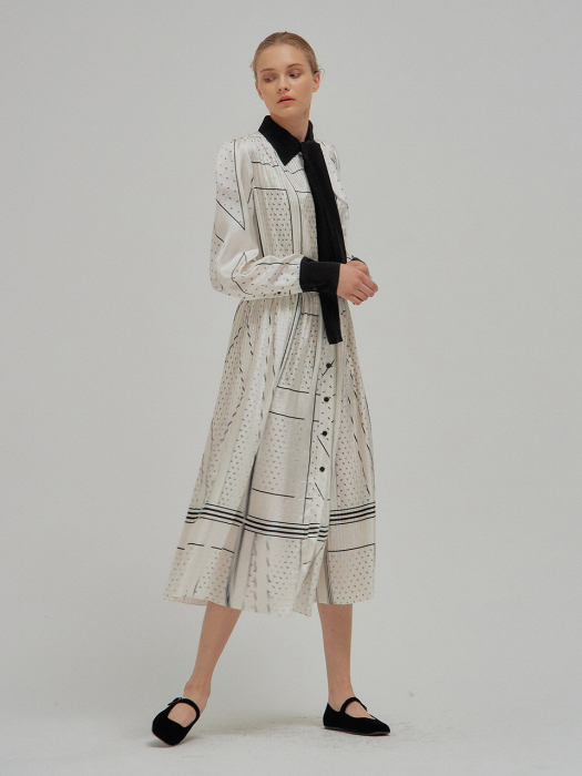 NOELLE EENK Printed Long Shirt Dress Ivory with separable bow tie