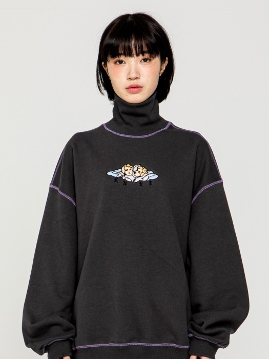 ANGEL EMBROIDERY TURTLE NECK SWEAT SHIRT [CHARCOAL]