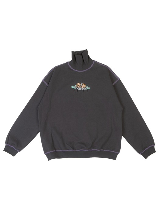 ANGEL EMBROIDERY TURTLE NECK SWEAT SHIRT [CHARCOAL]
