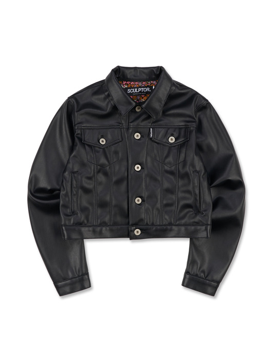 Faux Leather Trucker Jacket [BLACK]