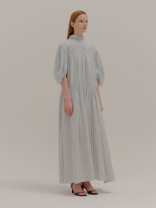 POLINA Striped Shirred Maxi Dress with gold buttons