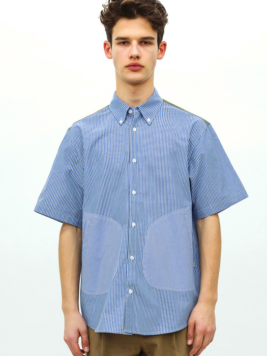 POCKET DETAIL S/S SHIRT - NAVY(STRIPE)