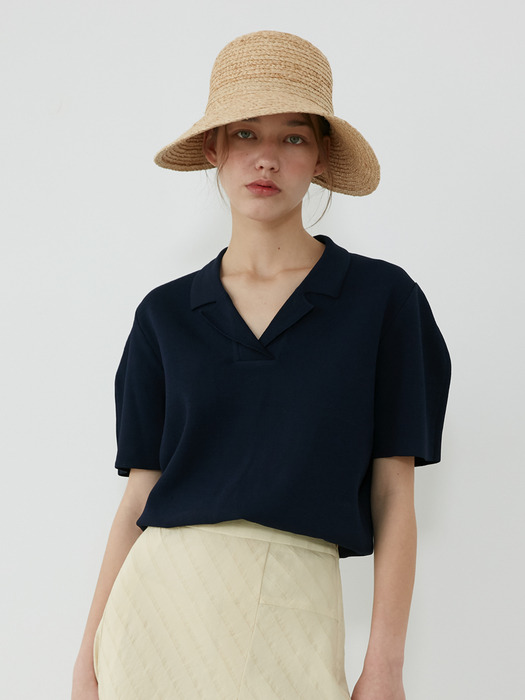 CURVED SLEEVE COLLAR KNIT - NAVY