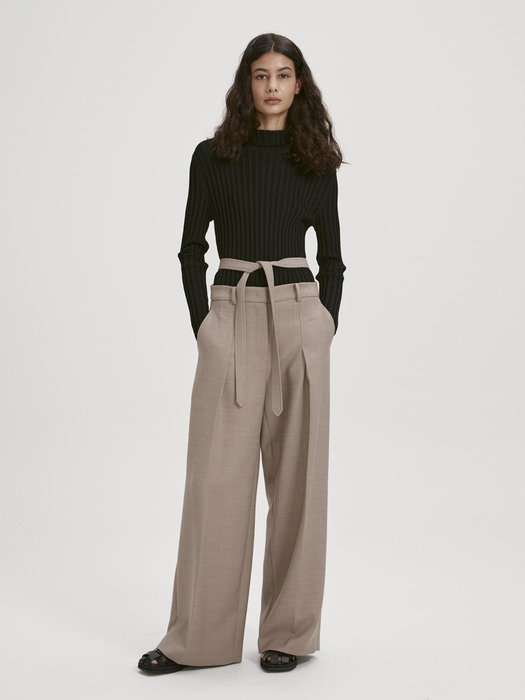 BELTED WIDE LEG WOOL TROUSERS (COCOA)