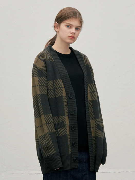 OVERSIZE CHECK CARDIGAN (BLACK-KHAKI)