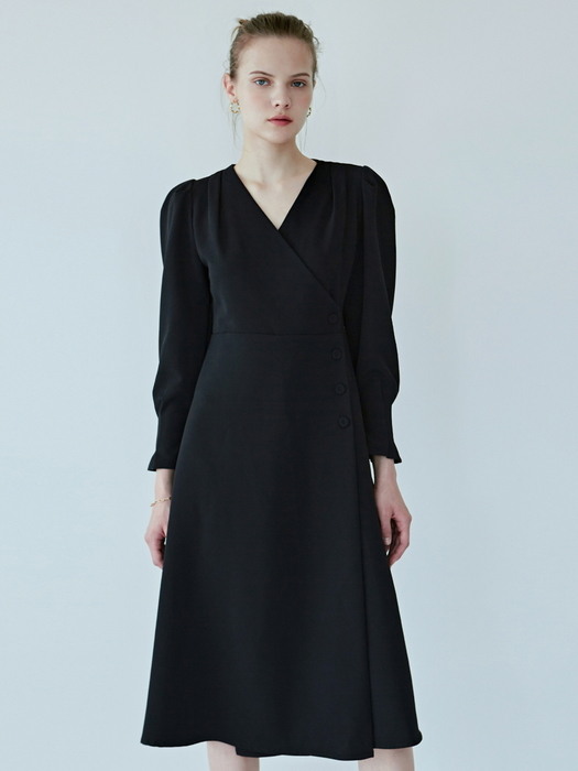 V WRAP PUFF FLARE DRESS_BLACK