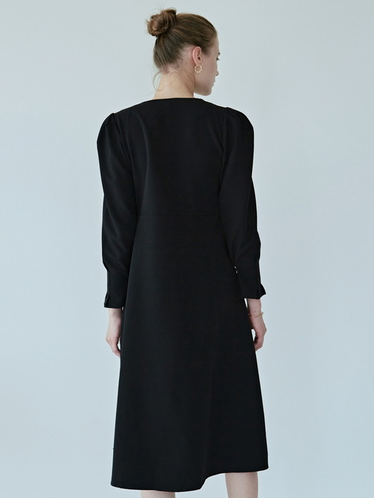 V WRAP PUFF FLARE DRESS_BLACK