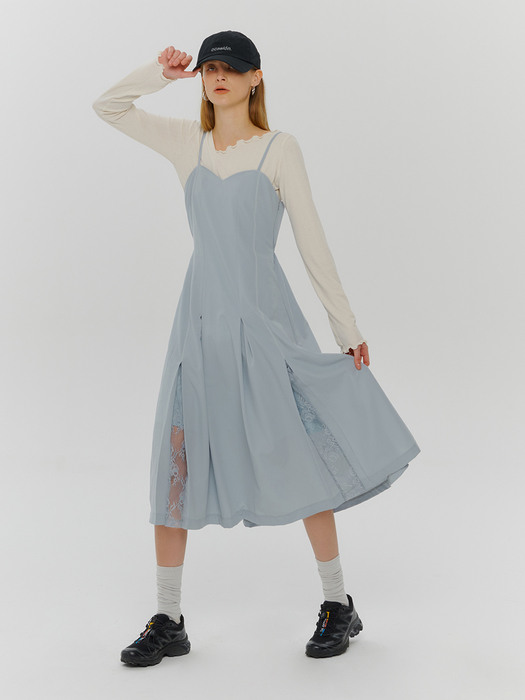 Slip Pintuck Stitch Lace Dress, Light Blue
