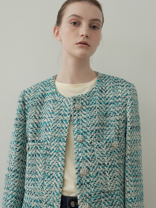 classic cropped tweed jacket [fabric from Italy] (blue)