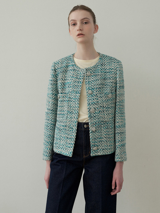 classic cropped tweed jacket [fabric from Italy] (blue)