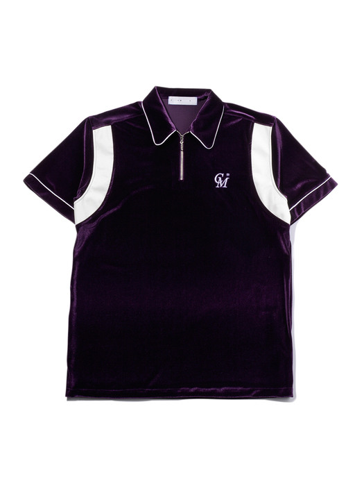 UNISEX  Leather-Trimmed Velour Zip Polo (Purple)