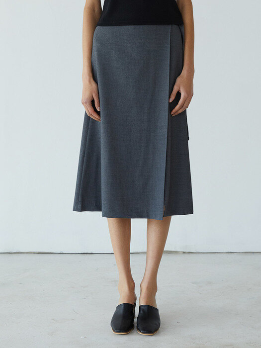 GRAY BELTED A LINE WOOL SKIRT