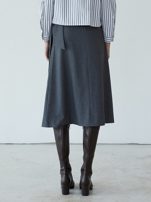 GRAY BELTED A LINE WOOL SKIRT