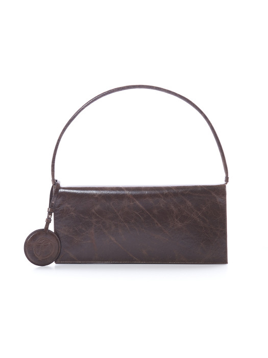 FLAT CRINKLED LEATHER SHOULDER BAG, DARK BROWN