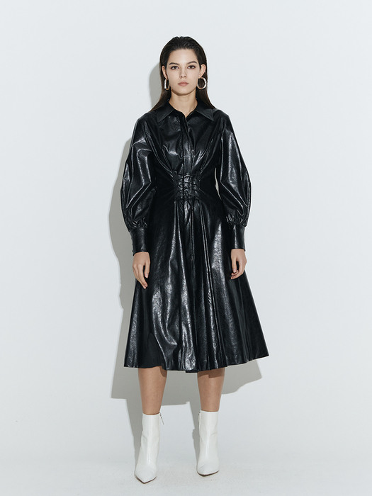 Corset Flare Dress [Black Leather]