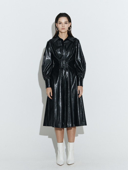 Corset Flare Dress [Black Leather]