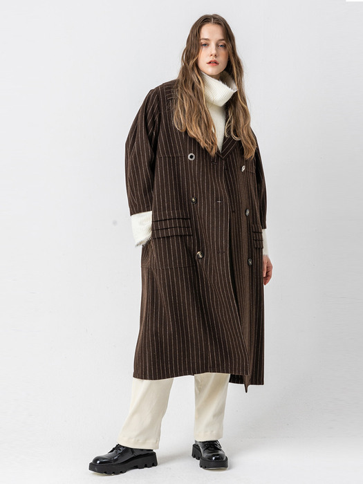 Stripe double coat_BROWN