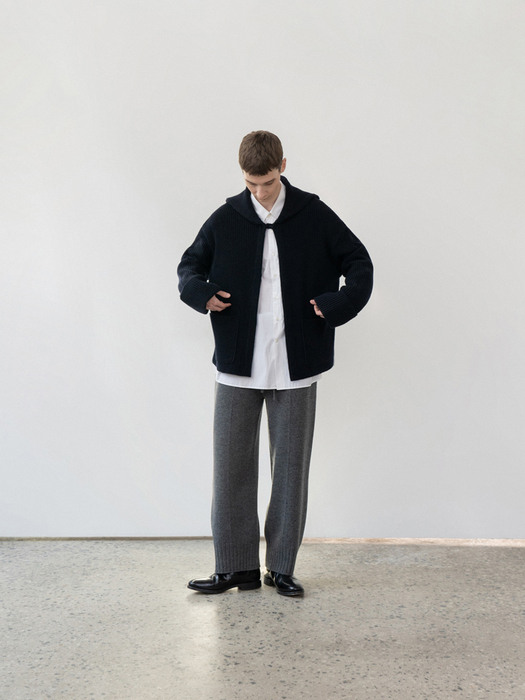 Superfine merino wool 100% sailor collar ribbed jacket_Navy