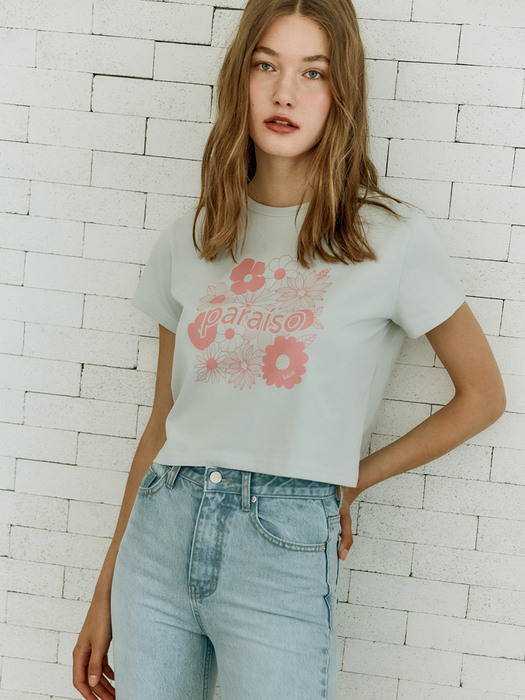 FLOWER PRINT CROPPED T-SHIRT [Skyblue]