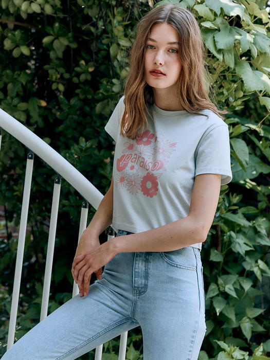 FLOWER PRINT CROPPED T-SHIRT [Skyblue]