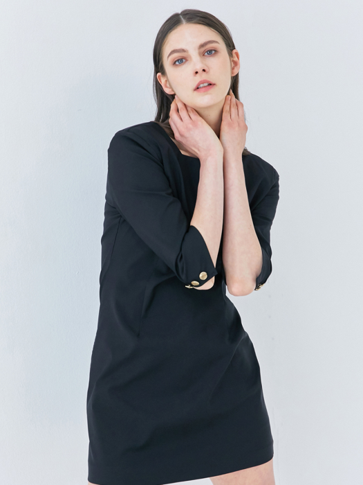 Square padded shoulder mini dress in black