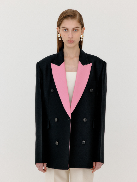 VELL Contrasted Collar Double-Breasted Blazer - Black/Pink