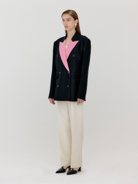 VELL Contrasted Collar Double-Breasted Blazer - Black/Pink