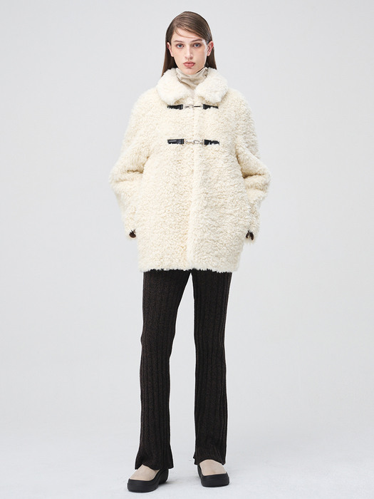 Buckle Fur Half Coat, Ivory