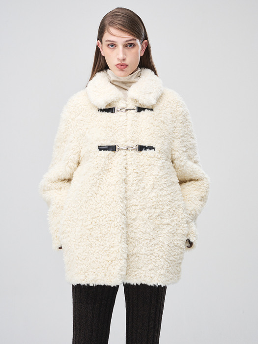 Buckle Fur Half Coat, Ivory