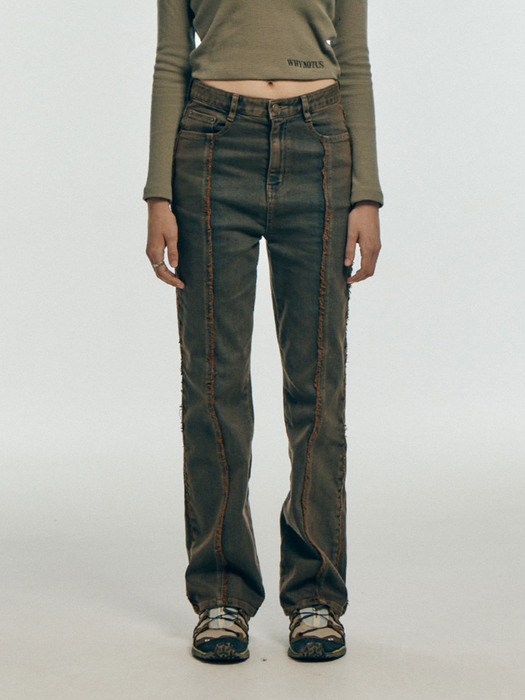 fringed straight denim pants - brown washed