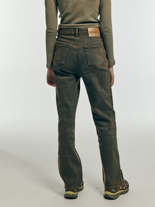 fringed straight denim pants - brown washed