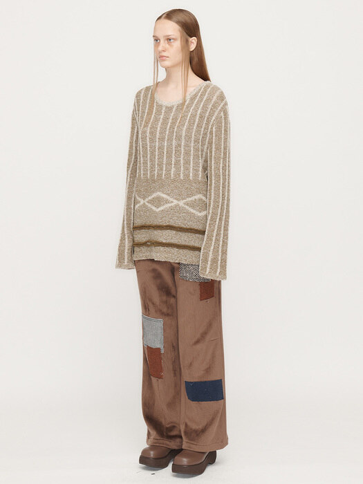 PATTERN MIXED KNIT PULLOVER, KHAKI BROWN
