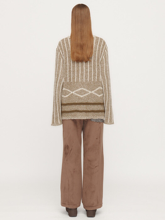 PATTERN MIXED KNIT PULLOVER, KHAKI BROWN