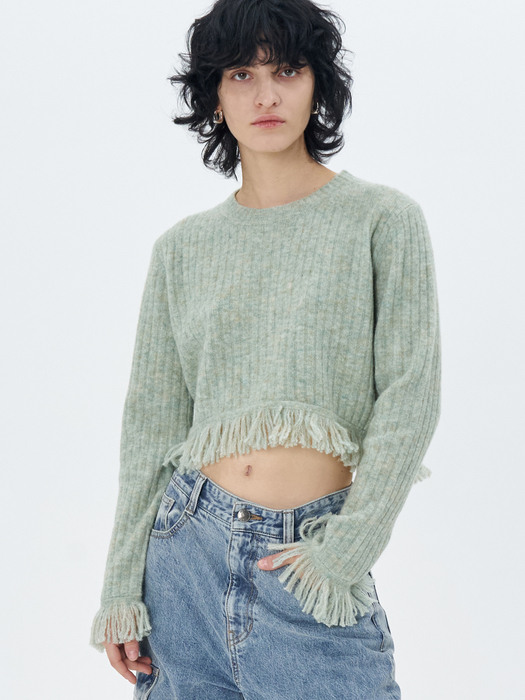 RIBBED-KNIT FRINGED PULLOVER(MINT)