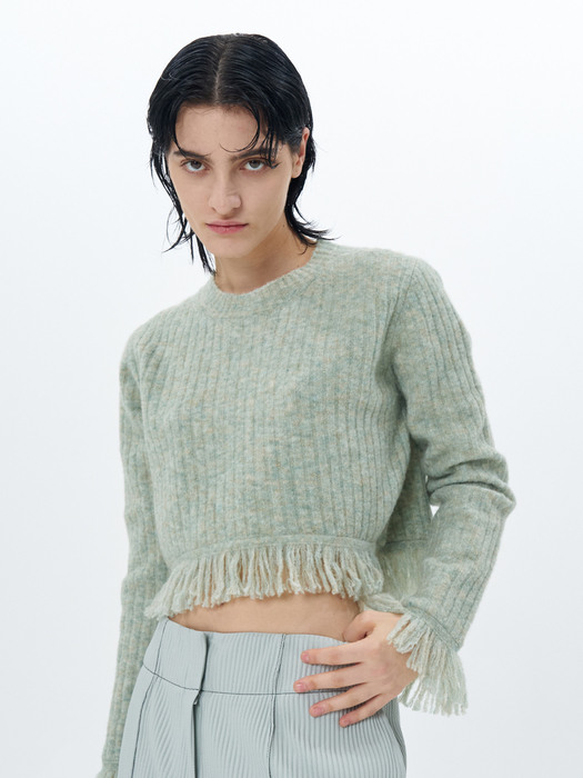 RIBBED-KNIT FRINGED PULLOVER(MINT)