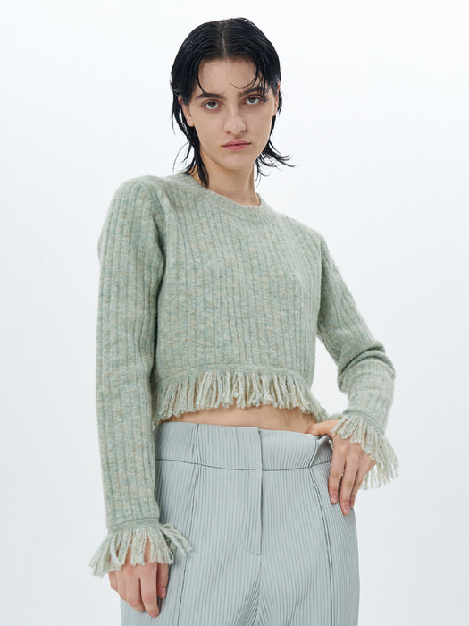 RIBBED-KNIT FRINGED PULLOVER(MINT)