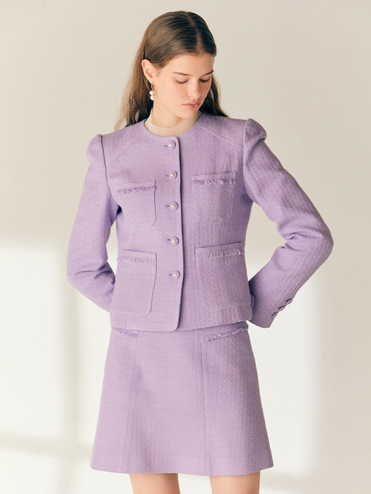 [SET]GRETA Round neck tweed jacket + TEAGAN Tweed mini skirt (Lavender)