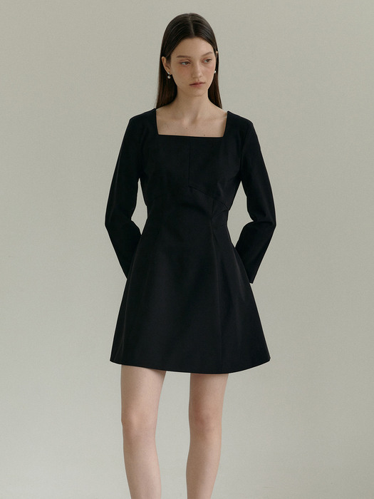 REGINA Square Neck Fit&A Line Mini Dress_Black