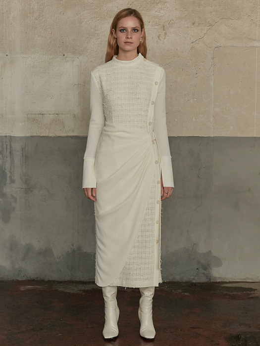 ARCHE Tweed Chiffon layred Dress_Creamy White