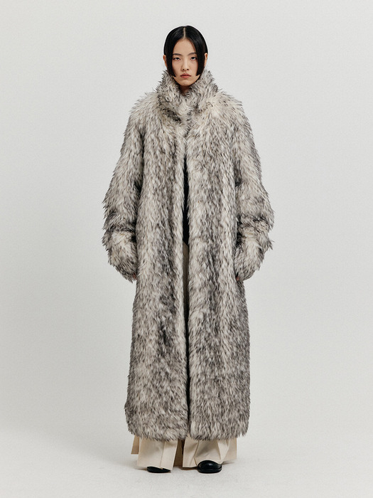 XENIA Faux Fur Long Coat - Light Grey