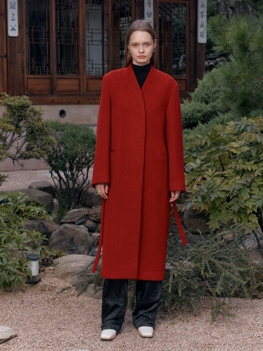 LE MONDE Cashmere Virgin Wool Collarless Coat_Red