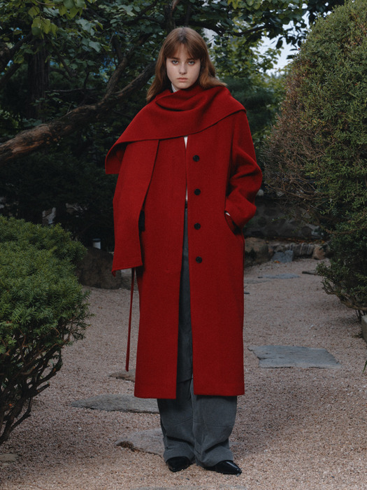 LE MONDE Cashmere Virgin Wool Collarless Coat_Red