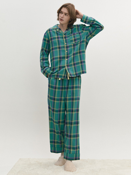 Men Green Flannel Check Pajama Pair