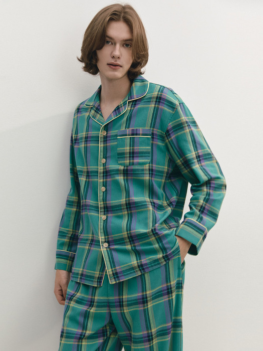 Men Green Flannel Check Pajama Pair