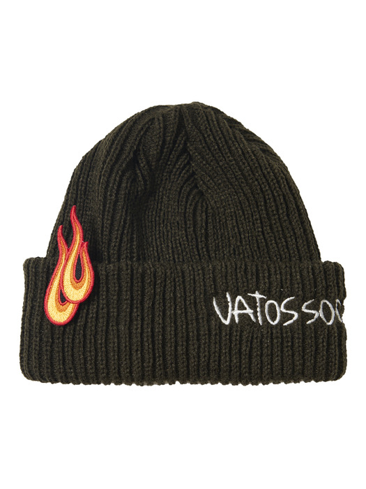 FLAME PATCH EMBROIDERED BEANIE KHAKI