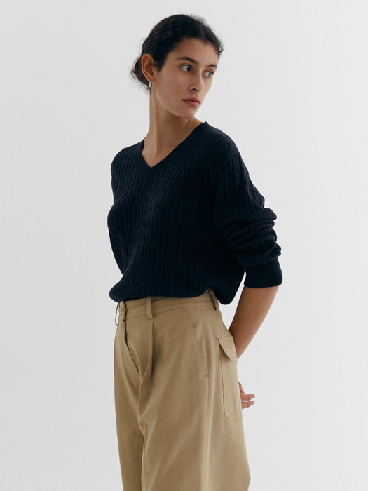 LOOSE FIT COTTON CABLE V-NECK KNIT_NAVY